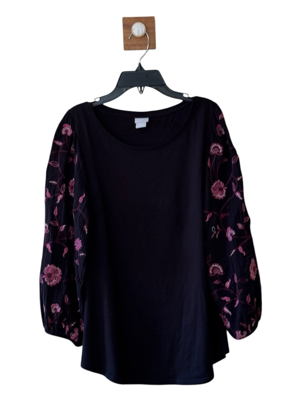 Chico's Black Knit Top with Floral Embroidered Balloon Sleeves Size Medium